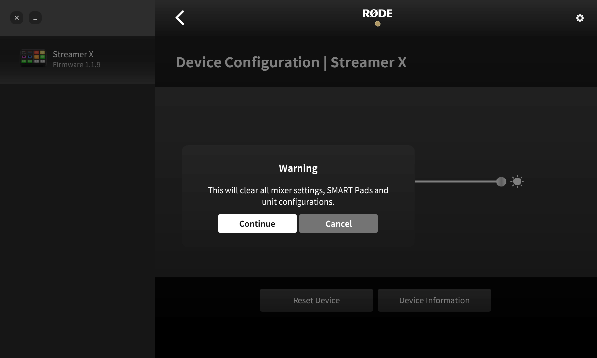 Reset warning for Streamer X on RØDE Central